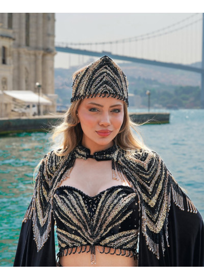 Kadife Kol Detaylı Pelerinli Bindallı